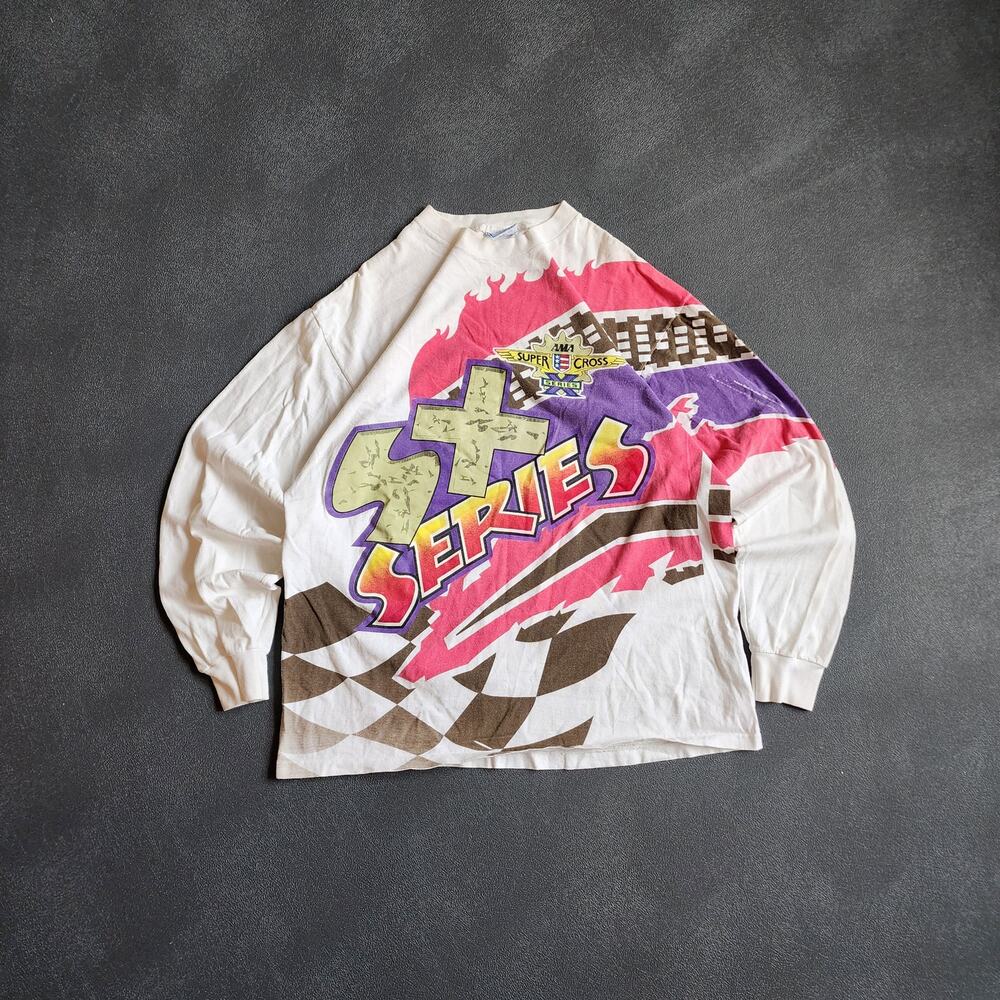 Vintage 90's AOP AMA SX Supercross Series USA Made Long Sleeve White Shirt XL